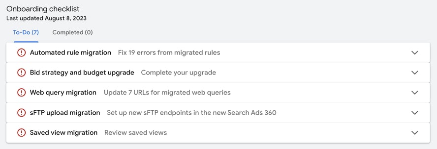 Example of new SA360 onboarding checklist