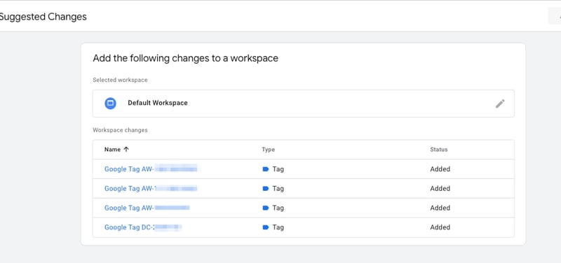 GTM Tag suggested changes workspace