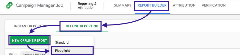 Example of where to go to pull an offline Floodlight report in CM360.