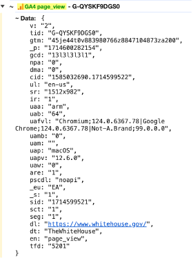 Data Layer tool data sent example