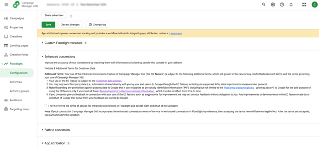 Example of where to find enhanced conversions in CM360