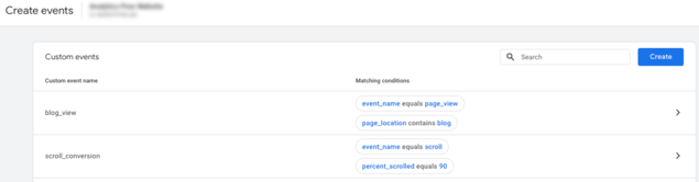 Screenshot of "create events" window for creating a conversion event in Google Analytics 4 (GA4).
