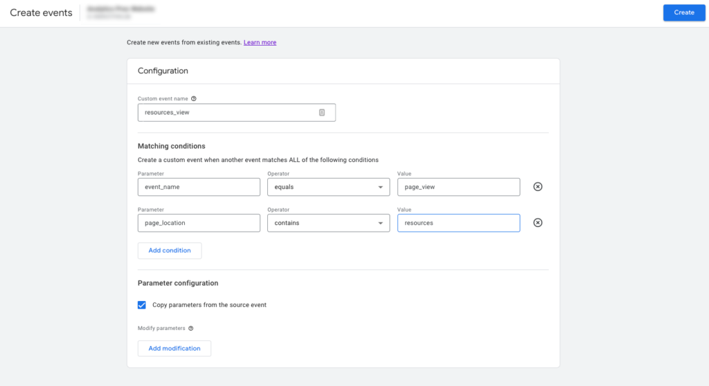 Screenshot of configuration window for creating a conversion event in Google Analytics 4 (GA4).