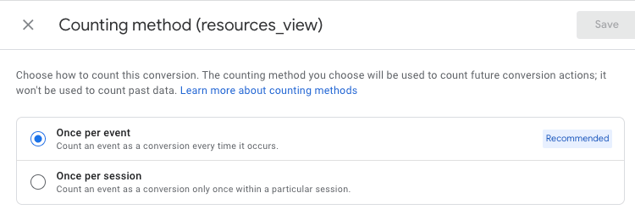 Screenshot of GA4 UI showing "Counting method" for conversion events.
