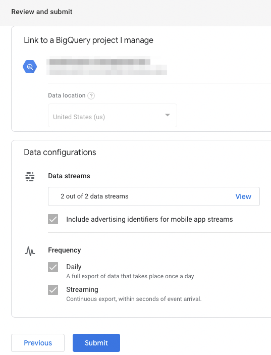 Selecting a Google Cloud Project for your GA4 BQ Export