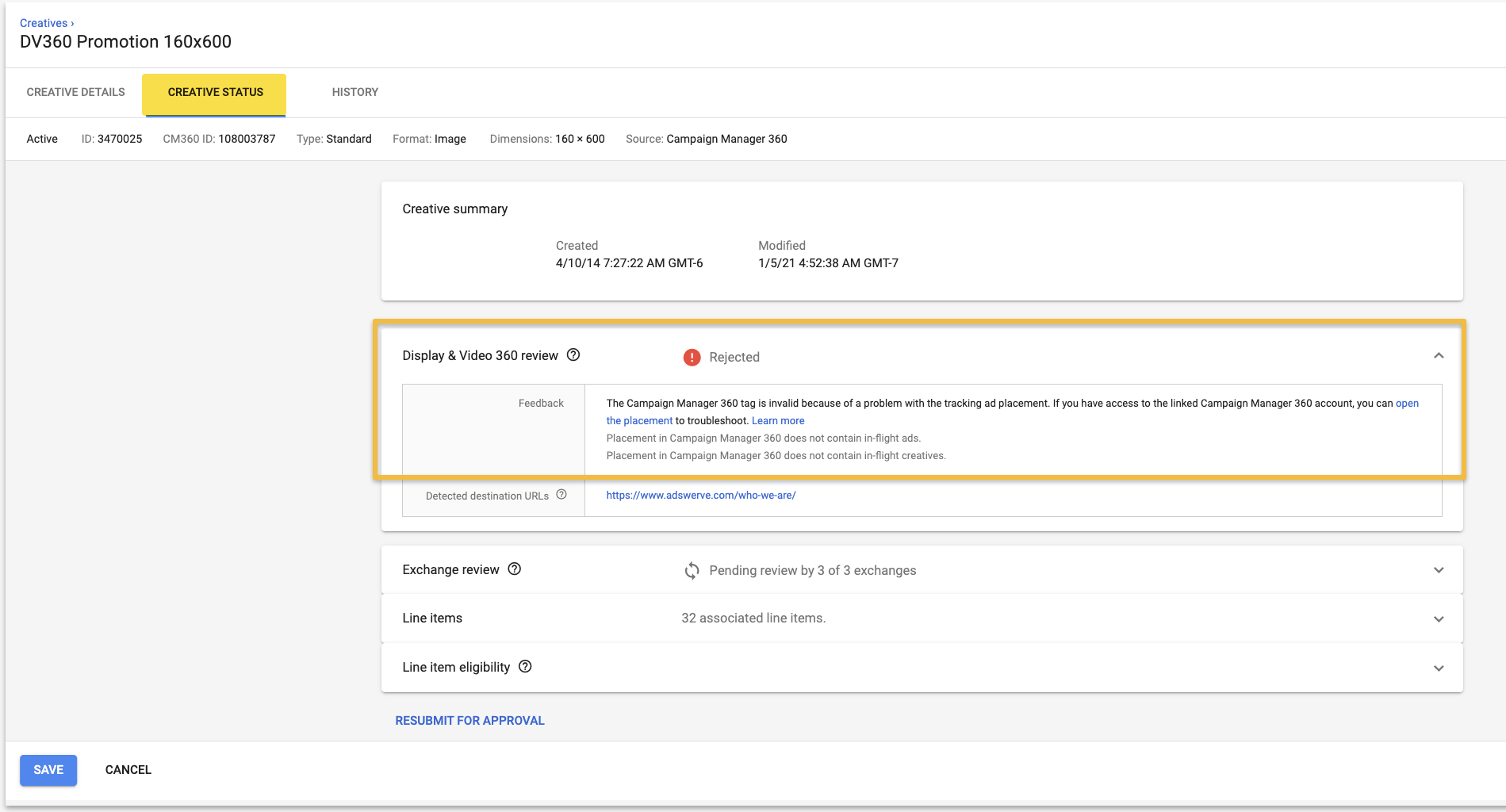 Example of Creative Status window in DV360