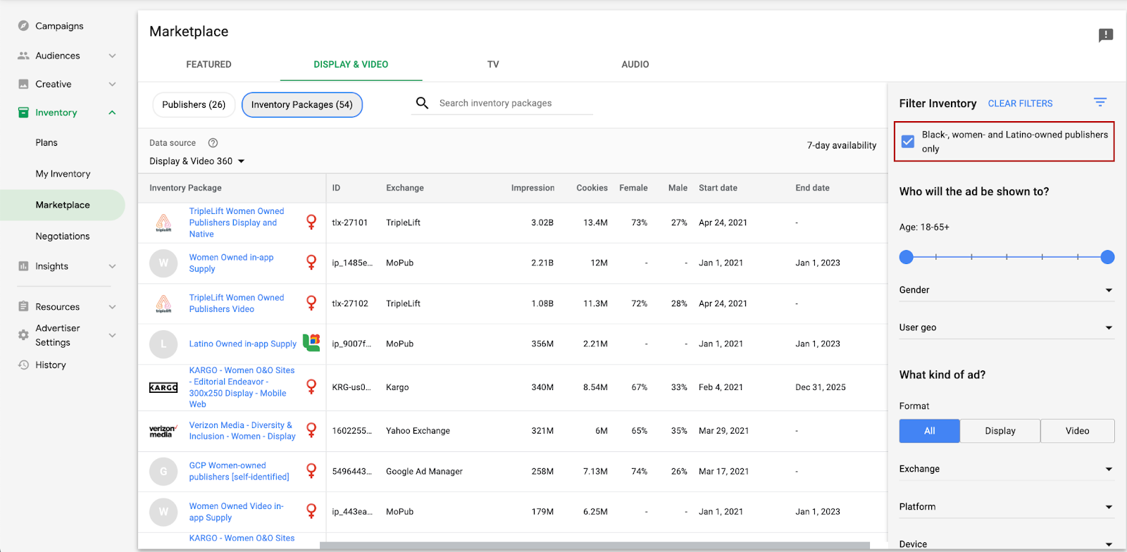 Screenshot of where to locate the DV360 Marketplace filter for Black-Owned, Latine-Owned and Women-Owned publishers.