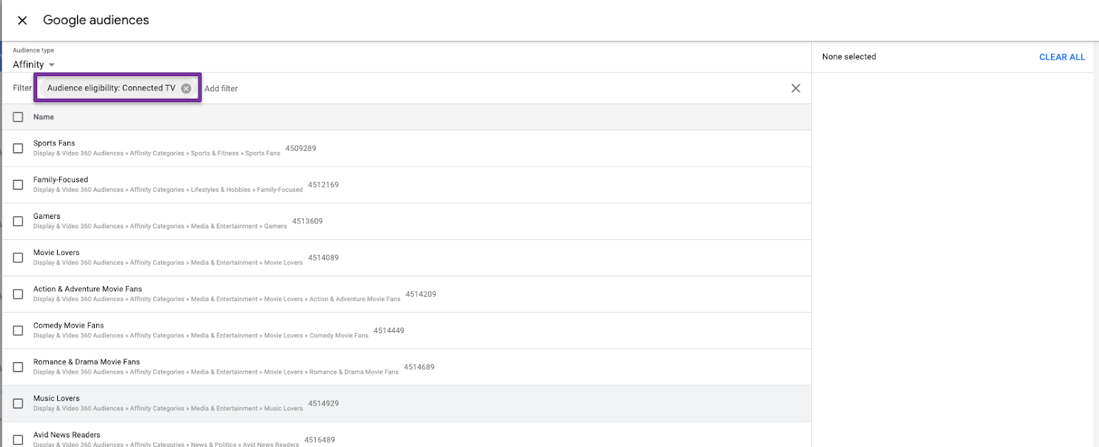 Screenshot of where to filter for Connected TV audiences in Display & Video 360 (DV360)