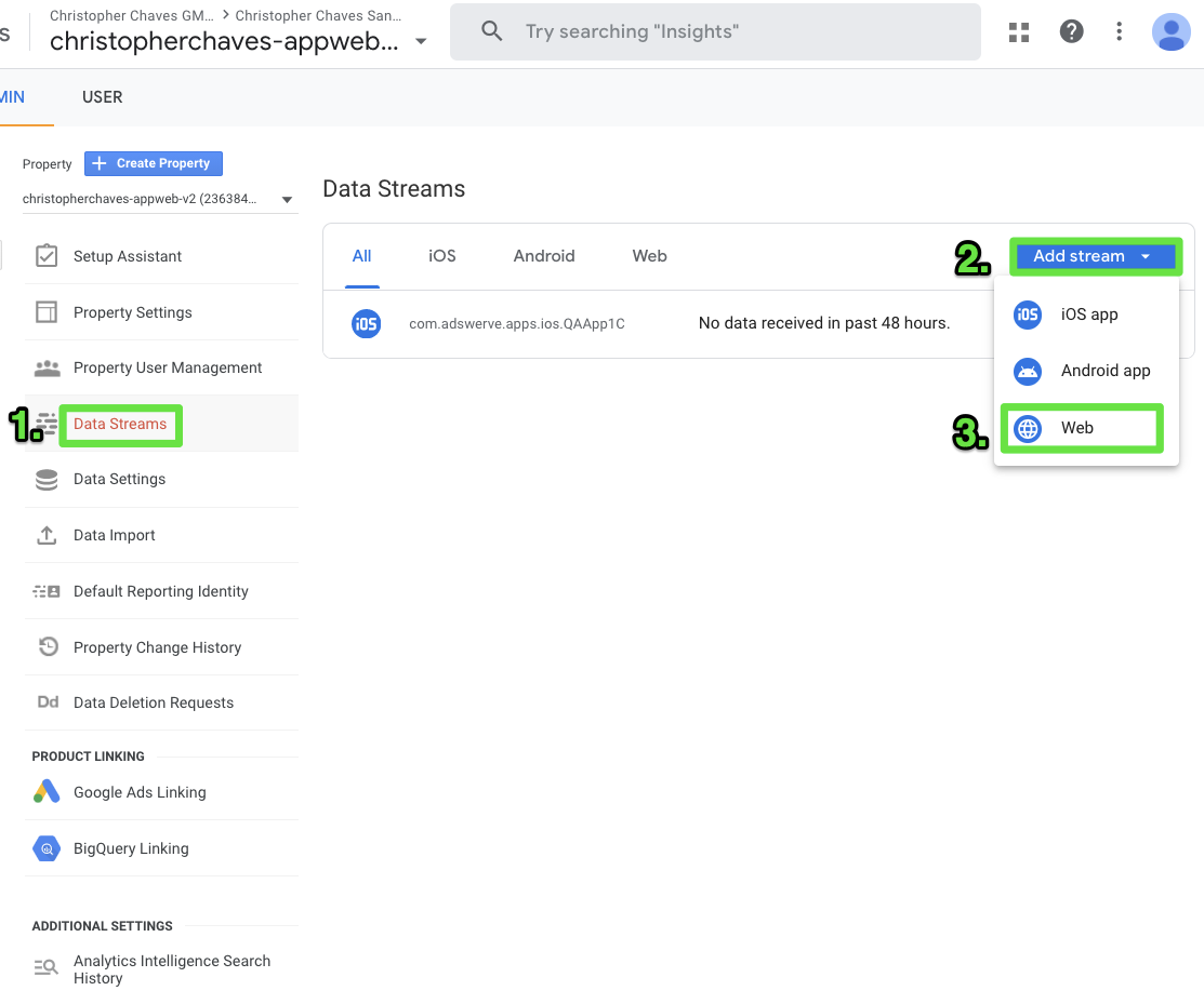 Adding a web data stream for your GA4 Property in Google Analytics.