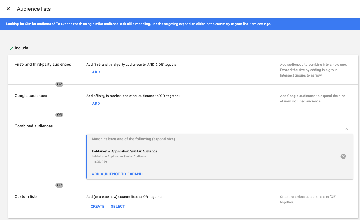 Screenshot of DV360 UI showing where to add similar/lookalike lists.