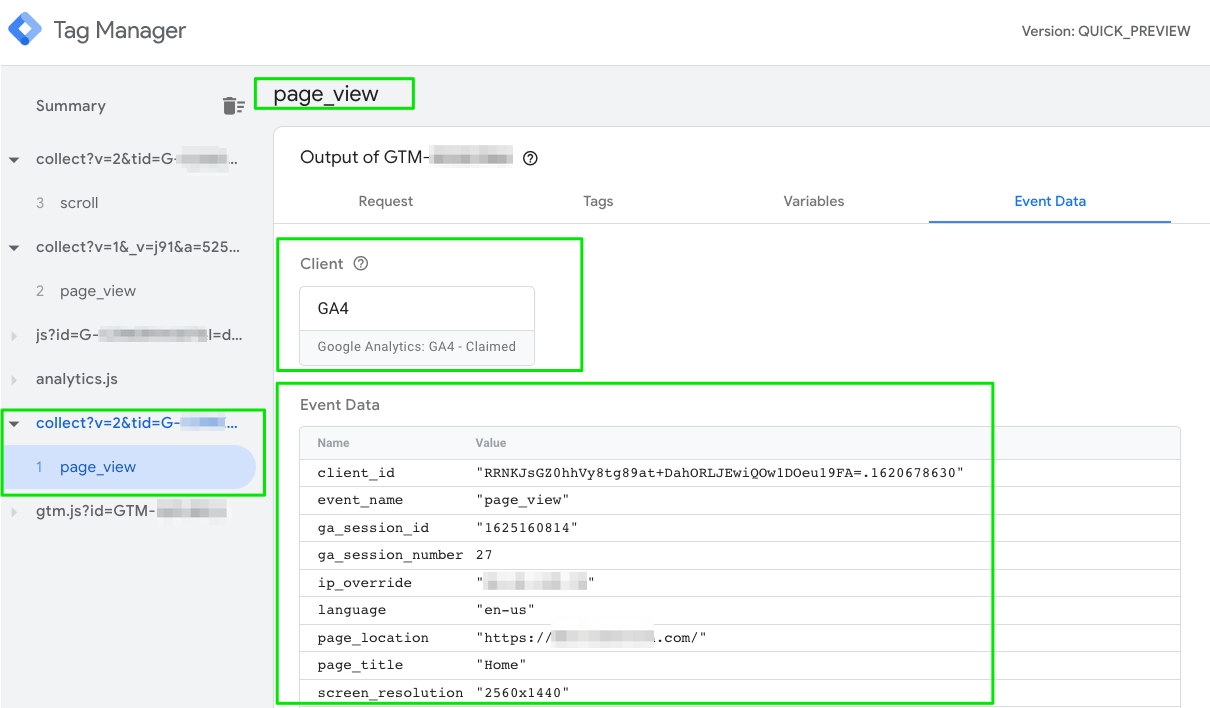 Screenshot of sGTM preview mode where you can see the event data object created by the GA4 client from the incoming page_view request.