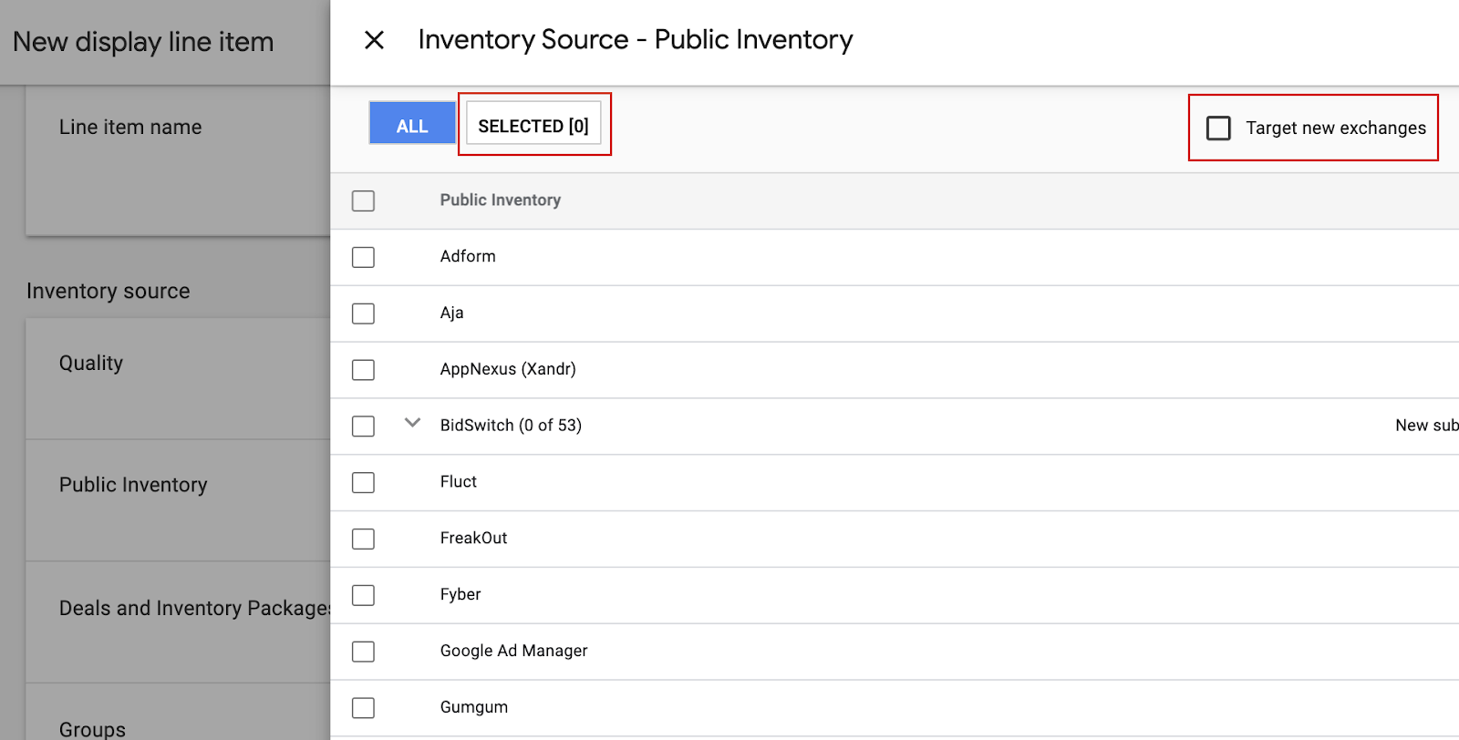 How to unselect targeting new exchanges in DV360