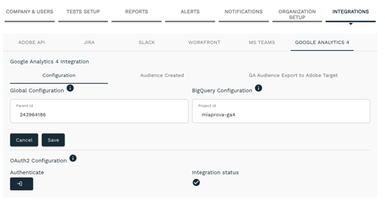 Screenshot of GA4T configuration for GA4 to Adobe Target Integration2