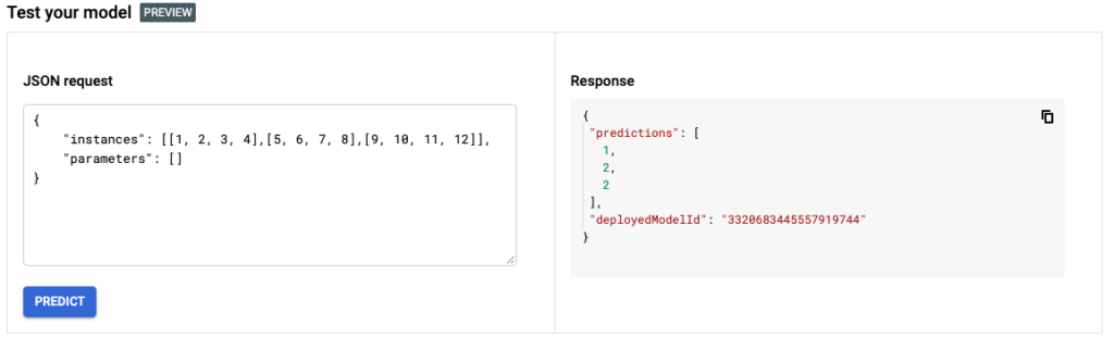 Deploying a Contatiner in Google Vertex AI, test your model Preview dashboard.