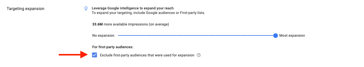 DV360 screenshot showing checkbox to exclude first-party lists when targeting similar/lookalike audiences.