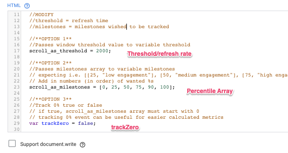 Scroll tracking JS snippet has three modifiable options